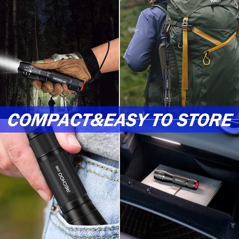 Rechoo 2 Pack LED Flashlights High Lumens - 5 Modes, Zoomable, Waterproof & Super Bright Tactical Torch for Camping, Hiking, Emergency, Home Essentials (Batteries not Included) - Image 5